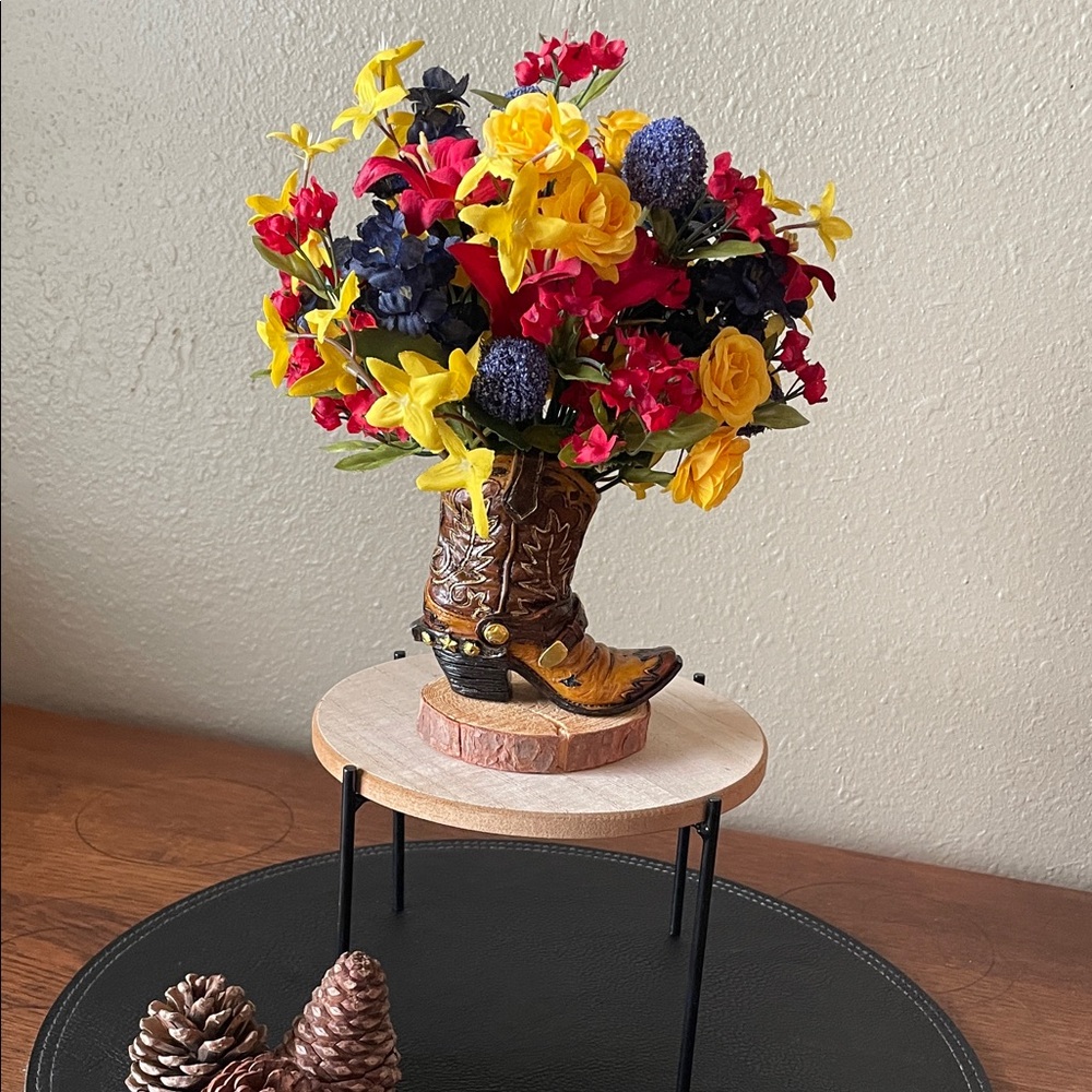 Handcrafted Silk Flowers in a Small Resin Boot Decor For Home or Office